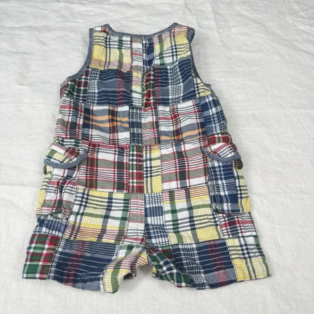 Ralph Lauren Shortalls Baby Boy 9M Plaid Patchwork Madras Western Romper FLAW